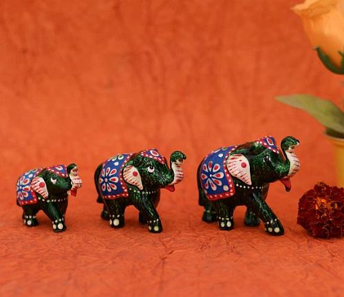 Green Elephant Showpiece for Home Decor | Small Idols/ Figurine for Home | Handmade Elephant Set of 3 - Green