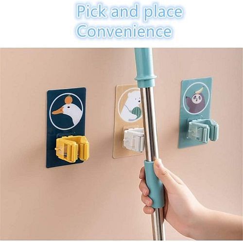 Pack of 2 Plastic Mop & Broom Holder with self Adhesive Magic Sticker Series - Multicolor