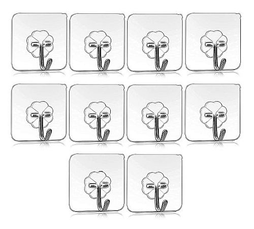 Pack of  10 Strong Self Adhesive Wall Hooks | Transparent Reusable Waterproof Adhesive Hooks for Kitchen & Bathroom - 