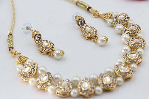 Traditional Gold Plated Moti Necklace Set With Earrings - 