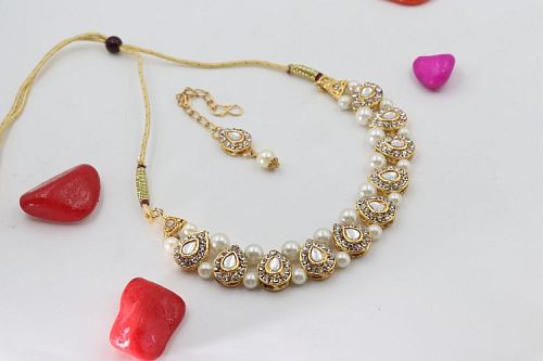 Traditional Gold Plated Moti Necklace Set With Earrings - 