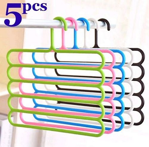 5 Layer Hanger for Clothes | Shirts | Wardrobe | Ties | Pants | Space Saving Hanger| Organizer | 5 in 1 Pants Cloth Hanger- Set of 5 (Multi-Color) - Multicolor