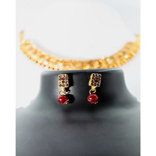 Traditional stone Choker Necklace Set With Earrings - Red