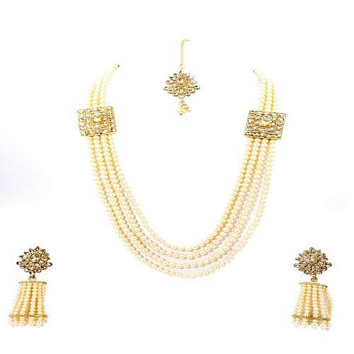 Long MultiLayered Necklace Set With Earrings and Mangtika - Golden