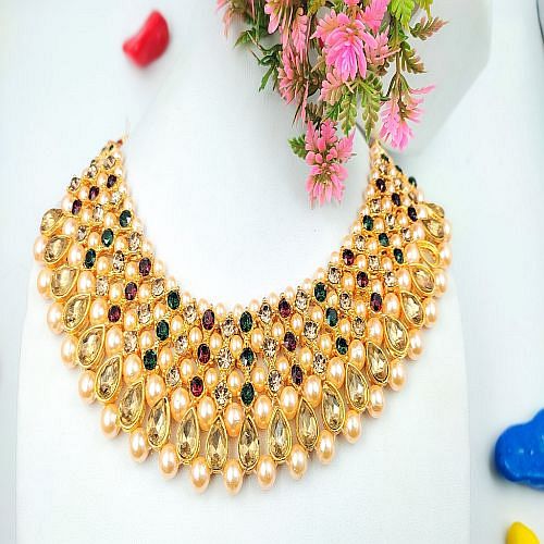 Multicolour Traditional Pearl Choker Set With Earrings and Mangtika - Multicolor