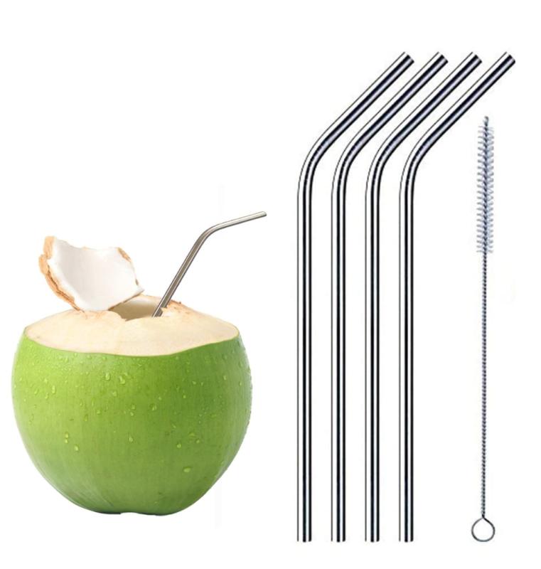 Reusable Steel Straws for Drinking Shakes, Juice and Smoothies | (Pack of 4 Bent Straw and 1 Brush) - 